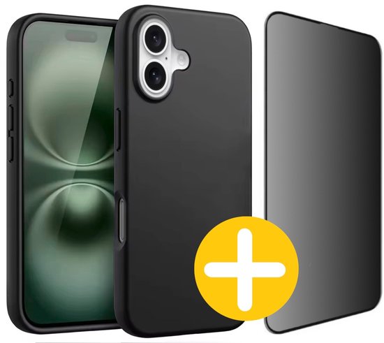 Hoesje en Privacy Screenprotector Combi Geschikt Voor iPhone 16 Plus - Zwart Hoesje + Privacy Glas