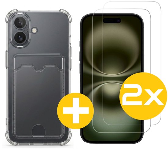 Pashouder Hoesje en Screenprotector Combi Geschikt Voor iPhone 16 Plus - Pasjeshouder + 2x Screenprotector