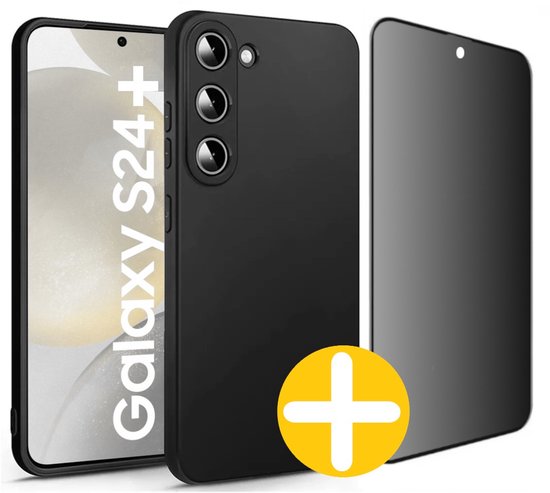 Hoesje en Privacy Screenprotector Combi Geschikt Voor Samsung S24+ (S24 PLUS) - Zwart Hoesje + Privacy Glas