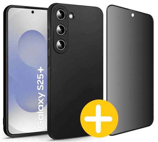Hoesje en Privacy Screenprotector Combi Geschikt Voor Samsung S25+ (S25 Plus) - Zwart Hoesje + Privacy Glas
