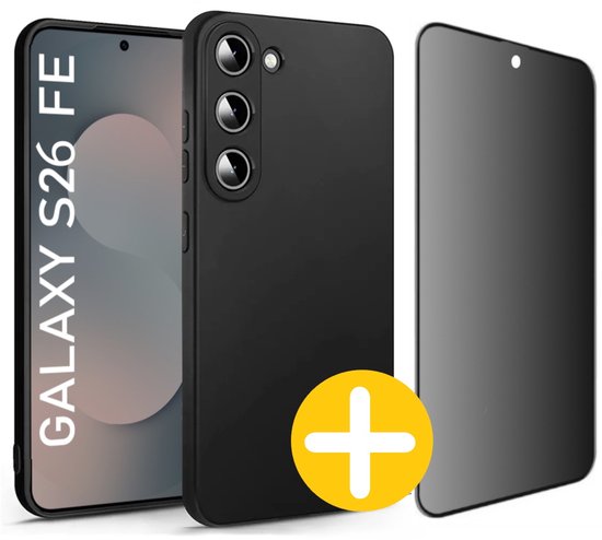 Hoesje en Privacy Screenprotector Combi Geschikt Voor Samsung S26 FE (Fan Edition) - Zwart Hoesje + Privacy Glas