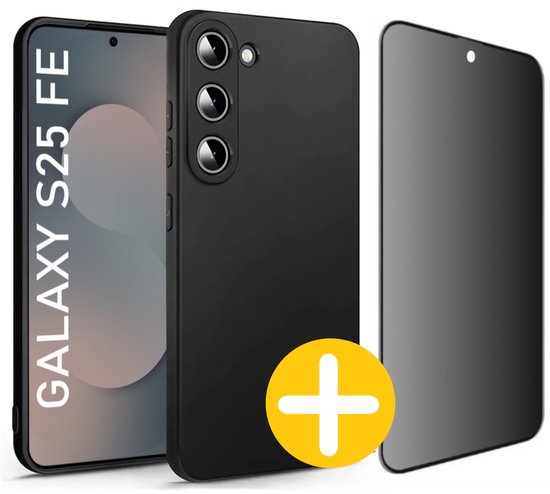 Hoesje en Privacy Screenprotector Combi Geschikt Voor Samsung S25FE (Fan Edition) - Zwart Hoesje + Privacy Glas