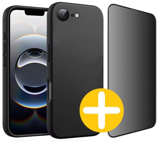 Hoesje en Privacy Screenprotector Combi Geschikt Voor iPhone 16e / 17e - Zwart Hoesje + Privacy Glas
