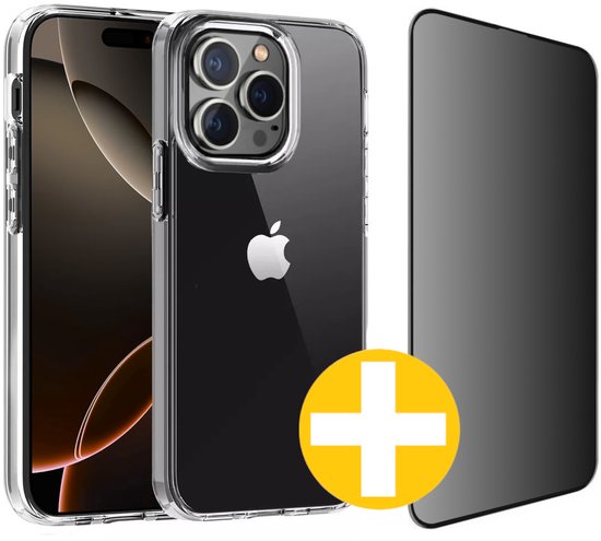 Hoesje en Privacy Screenprotector Combi Geschikt Voor iPhone 16 Pro Max - Transparant Hoesje + Privacy Glas