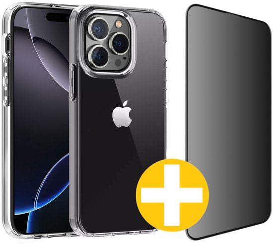 Hoesje en Privacy Screenprotector Combi Geschikt Voor iPhone 16 Pro - Transparant Hoesje + Privacy Glas