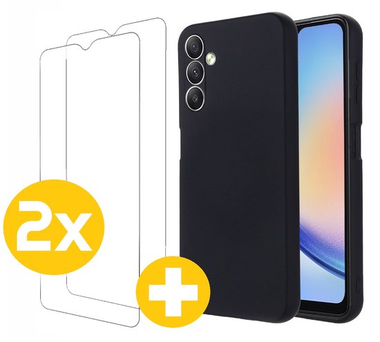 Hoesje en Screenprotector Combi Geschikt Voor Samsung Galaxy A14 - Zwarte Siliconen Hoesje + 2x Screenprotector