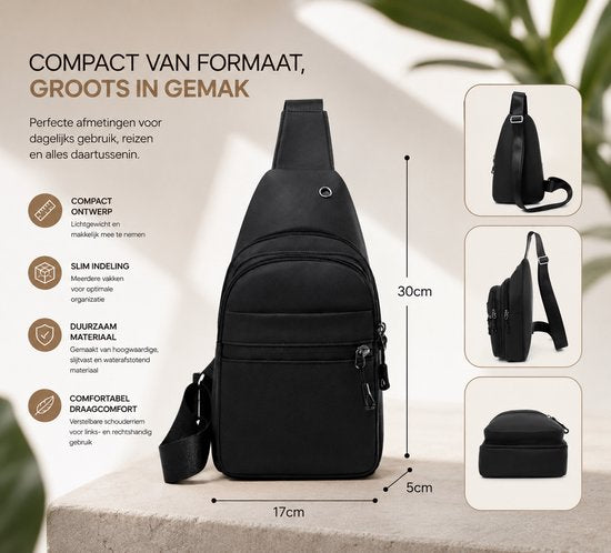 Crossbody Schoudertas met 4 Opbergvakken - Waterdichte Slingbag Tas Dames en Heren - Waterdichte Nektasje / Telefoontasje - Zwart