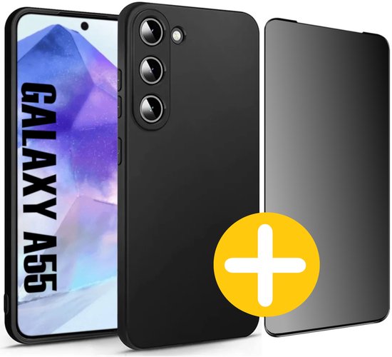 Hoesje en Privacy Screenprotector Combi Geschikt Voor Samsung A55 - Zwart Hoesje + Privacy Glas