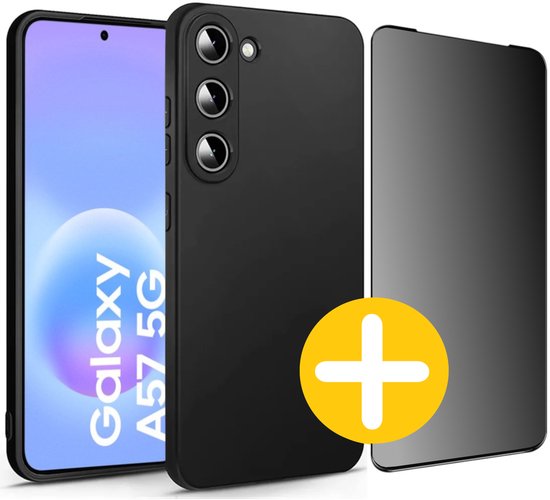 Hoesje en Privacy Screenprotector Combi Geschikt Voor Samsung A57 - Zwart Hoesje + Privacy Glas
