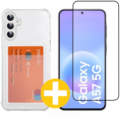 Pashouder Hoesje en Screenprotector Combi Geschikt Voor Samsung A57 - Pasjeshouder + Premium Screenprotector