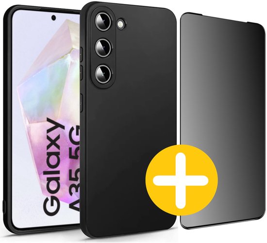Hoesje en Privacy Screenprotector Combi Geschikt Voor Samsung A35 - Zwart Hoesje + Privacy Glas