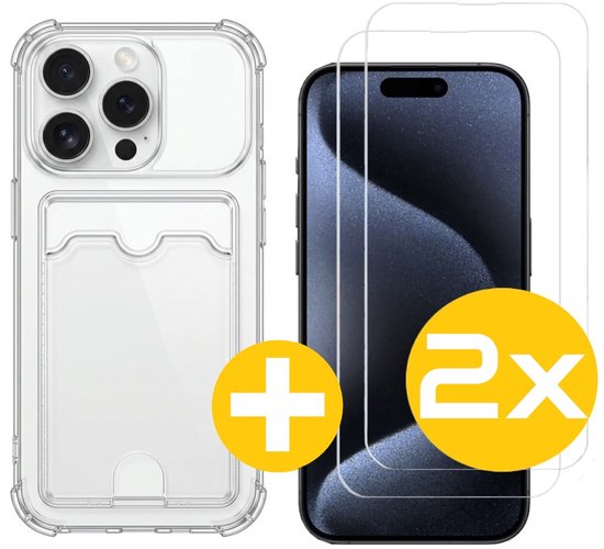 Pashouder Hoesje en Screenprotector Combi Geschikt Voor iPhone 15 Pro Max - Pasjeshouder + 2x Screenprotector