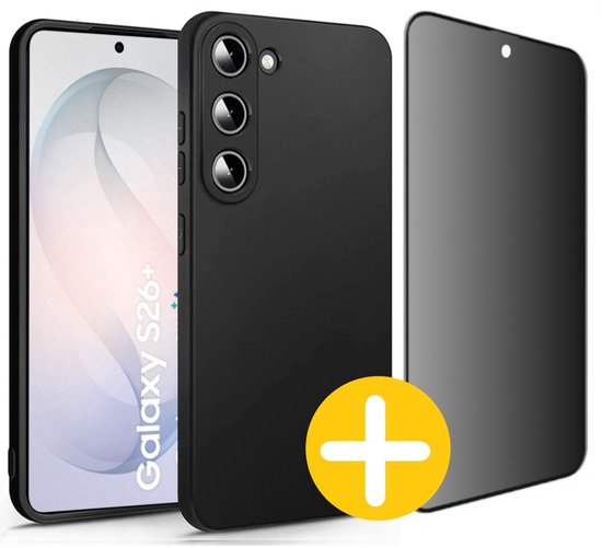 Hoesje en Privacy Screenprotector Combi Geschikt Voor Samsung S26+ (S26 PLUS) - Zwart Hoesje + Privacy Glas