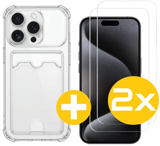 Pashouder Hoesje en Screenprotector Combi Geschikt Voor iPhone 15 Pro - Pasjeshouder + 2x Screenprotector