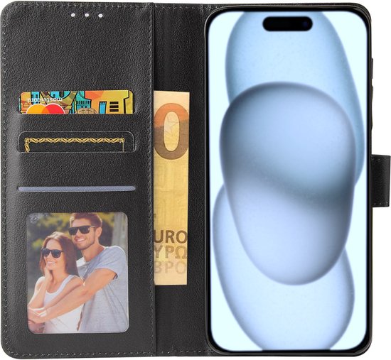 Bookcase Hoesje Geschikt Voor iPhone 15 Pus - Wallet Case - Hoesje Met Pasjeshouder - Zwart