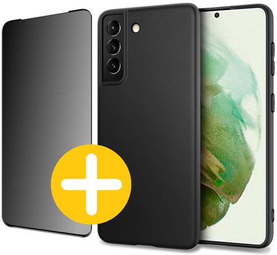 Hoesje en Privacy Screenprotector Combi Geschikt Voor Samsung S21+ (S21 PLUS) - Zwart Hoesje + Privacy Glas