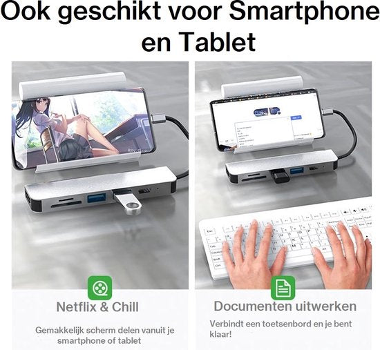 Lennexo 6 in 1 USB-C Hub Adapter - HDMI 4K - USB-A - USB-C - SD TF Kaartlezer | Geschikt Voor Macbook | Laptop | Smartphone | Tablet | iPhone en iPad