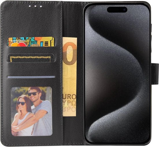 Bookcase Hoesje Geschikt Voor iPhone 15 Pro - Wallet Case - Hoesje Met Pasjeshouder - Zwart