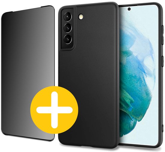 Hoesje en Privacy Screenprotector Combi Geschikt Voor Samsung S21FE (Fan Edition) - Zwart Hoesje + Privacy Glas