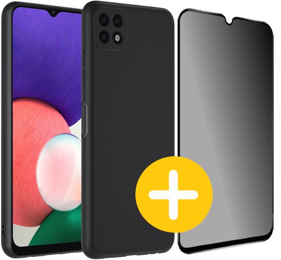 Hoesje en Privacy Screenprotector Combi Geschikt Voor Samsung A22 5G - Zwart Hoesje + Privacy Glas