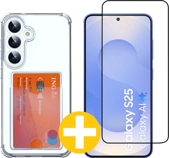 Pashouder Hoesje en Screenprotector Combi Geschikt Voor Samsung S25 - Pasjeshouder + Premium Screenprotector