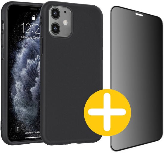 Hoesje en Privacy Screenprotector Combi Geschikt Voor iPhone 11 - Zwart Hoesje + Privacy Glas