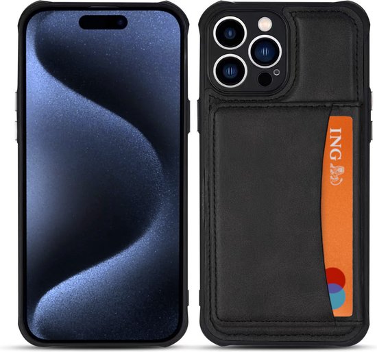 Armordrop Hoesje Met Pasjeshouder Geschikt Voor iPhone 15 Pro Max - Backcover Hoesje Met Portemonnee - Ruimte Voor 3 Pasjes - Zwart