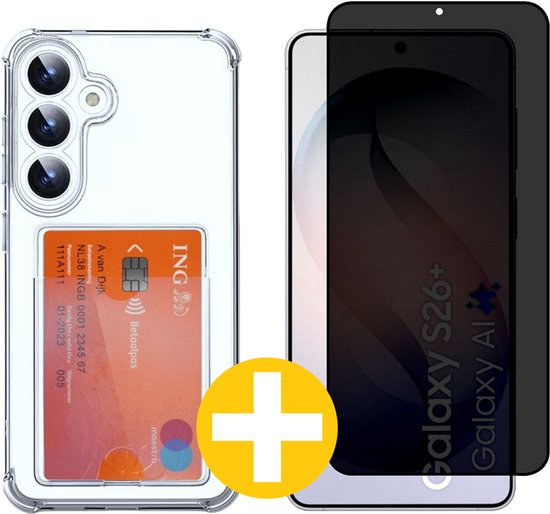 Pashouder Hoesje en Privacy Screenprotector Combi Geschikt Voor Samsung S26+ (S26 PLUS) - Pasjeshouder + Privacy Screenprotector