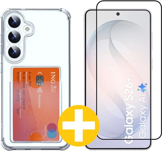 Pashouder Hoesje en Screenprotector Combi Geschikt Voor Samsung S26+ (S26 PLUS) - Pasjeshouder + Premium Screenprotector