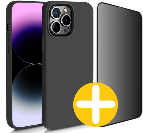 Hoesje en Privacy Screenprotector Combi Geschikt Voor iPhone 14 Pro - Zwart Hoesje + Privacy Glas