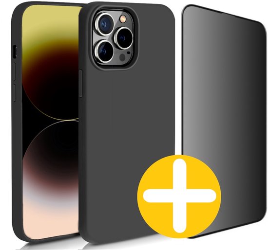 Hoesje en Privacy Screenprotector Combi Geschikt Voor iPhone 14 Pro Max - Zwart Hoesje + Privacy Glas