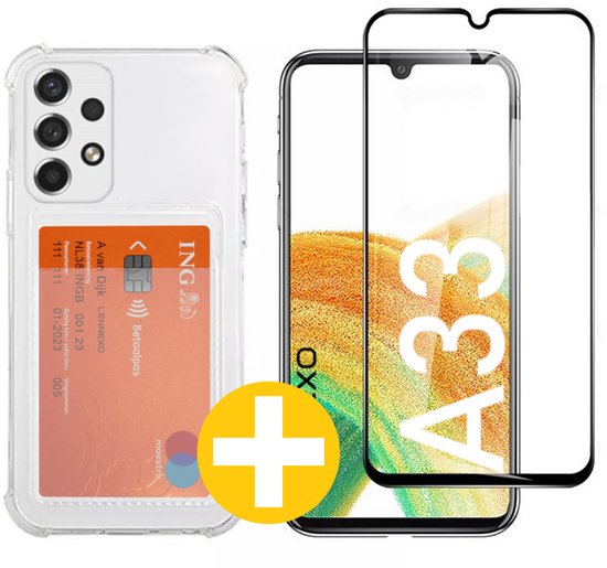 Pashouder Hoesje en Screenprotector Combi Geschikt Voor Samsung A33 - Pasjeshouder + Premium Screenprotector