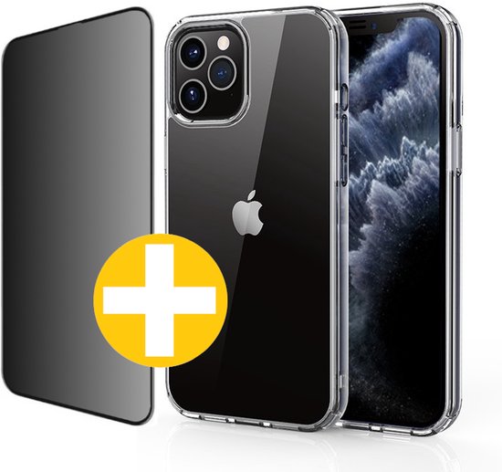 Hoesje en Privacy Screenprotector Combi Geschikt Voor iPhone 12 / 12 Pro - Transparant Hoesje + Privacy Glas