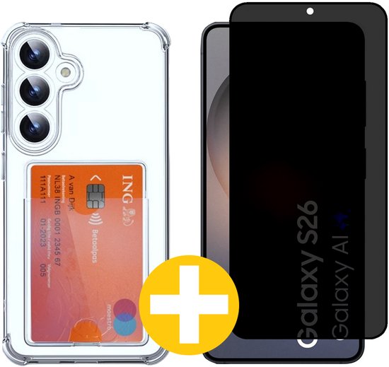 Pashouder Hoesje en Privacy Screenprotector Combi Geschikt Voor Samsung S26 - Pasjeshouder + Privacy Screenprotector