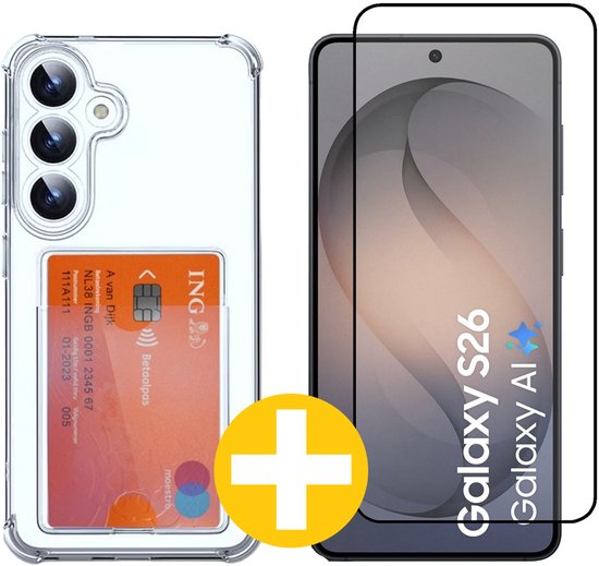Pashouder Hoesje en Screenprotector Combi Geschikt Voor Samsung S26 - Pasjeshouder + Premium Screenprotector