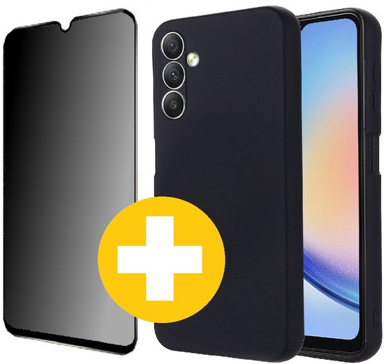 Hoesje en Privacy Screenprotector Combi Geschikt Voor Samsung A13 5G - Zwart Hoesje + Privacy Glas