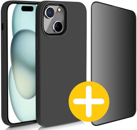 Hoesje en Privacy Screenprotector Combi Geschikt Voor iPhone 15 Plus - Zwart Hoesje + Privacy Glas
