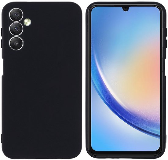 Hoesje en Screenprotector Combi Geschikt Voor Samsung Galaxy A34 - Zwarte Siliconen Hoesje + 2x Screenprotector