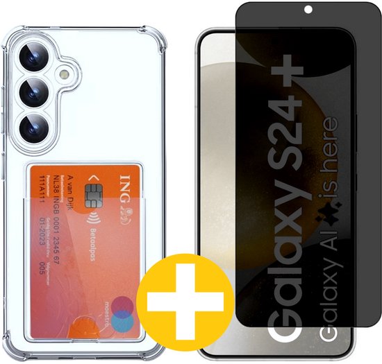 Pashouder Hoesje en Privacy Screenprotector Combi Geschikt Voor Samsung S24+ (S24 PLUS) - Pasjeshouder + Privacy Screenprotector