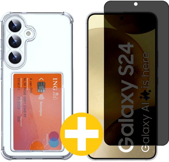 Pashouder Hoesje en Privacy Screenprotector Combi Geschikt Voor Samsung S24 - Pasjeshouder + Privacy Screenprotector