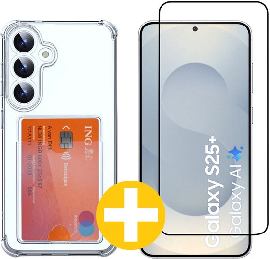 Pashouder Hoesje en Screenprotector Combi Geschikt Voor Samsung S25+ (S25 PLUS) - Pasjeshouder + Premium Screenprotector