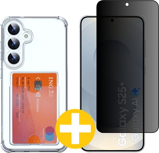 Pashouder Hoesje en Privacy Screenprotector Combi Geschikt Voor Samsung S25+ (S25 PLUS) - Pasjeshouder + Privacy Screenprotector