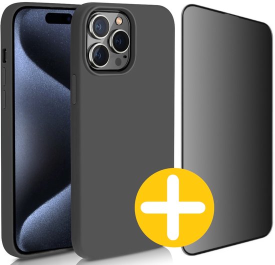 Hoesje en Privacy Screenprotector Combi Geschikt Voor iPhone 15 Pro Max - Zwart Hoesje + Privacy Glas