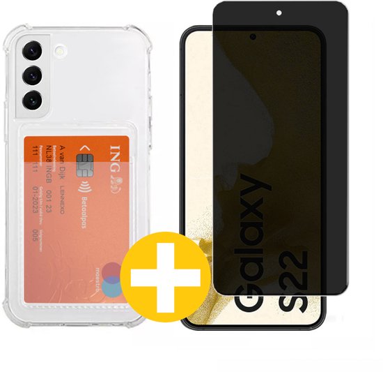 Pashouder Hoesje en Privacy Screenprotector Combi Geschikt Voor Samsung S22 - Pasjeshouder + Privacy Screenprotector