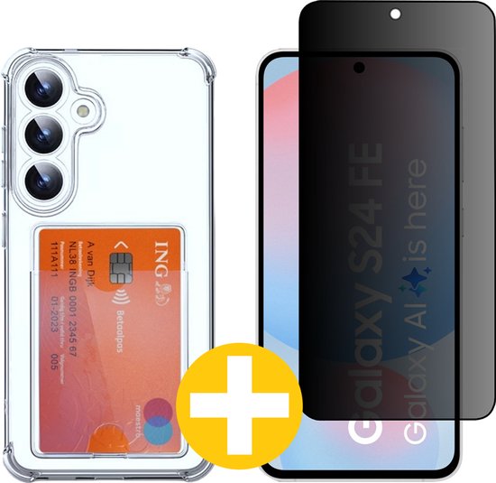 Pashouder Hoesje en Privacy Screenprotector Combi Geschikt Voor Samsung S24 FE (Fan Edition) - Pasjeshouder + Privacy Screenprotector