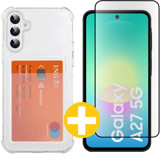 Pashouder Hoesje en Screenprotector Combi Geschikt Voor Samsung A27 - Pasjeshouder + Premium Screenprotector