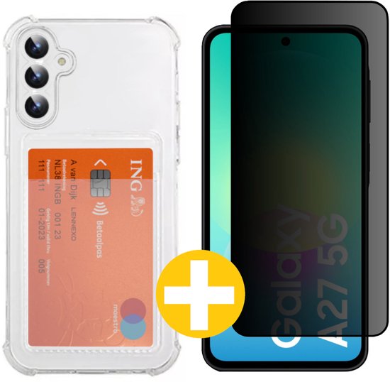 Pashouder Hoesje en Privacy Screenprotector Combi Geschikt Voor Samsung A27 - Pasjeshouder + Privacy Screenprotector