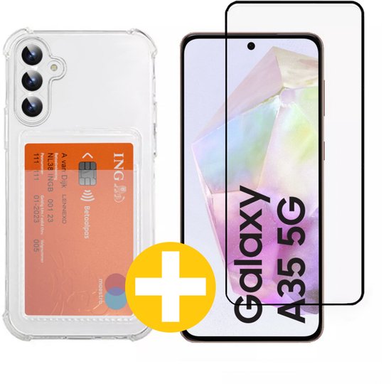 Pashouder Hoesje en Screenprotector Combi Geschikt Voor Samsung A35 - Pasjeshouder + Premium Screenprotector