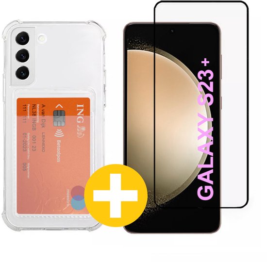 Pashouder Hoesje en Screenprotector Combi Geschikt Voor Samsung S23+ (S23 PLUS) - Pasjeshouder + Premium Screenprotector