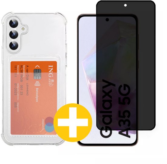 Pashouder Hoesje en Privacy Screenprotector Combi Geschikt Voor Samsung A35 - Pasjeshouder + Privacy Screenprotector
